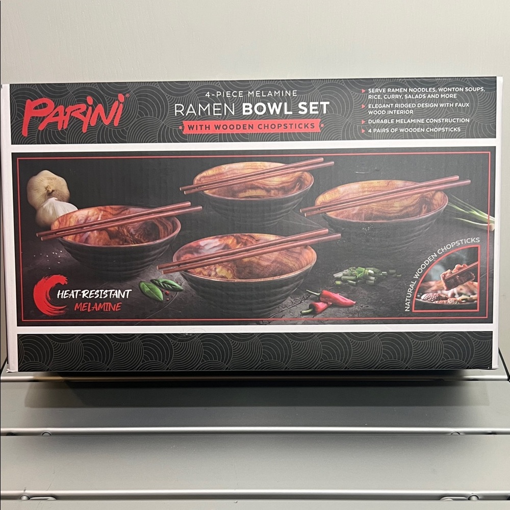 Parini Ramen Bowl Set with Wooden Chopsticks - Black and Brown